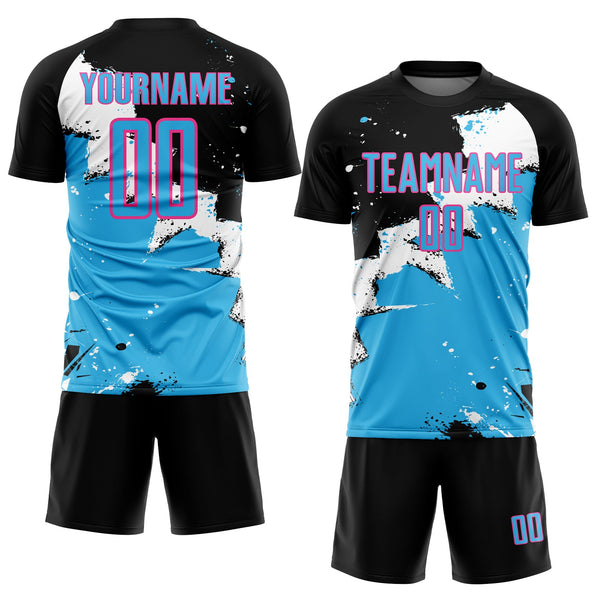 Custom Black Sky Blue-Pink Spalsh Sublimation Soccer Uniform Jersey alternate