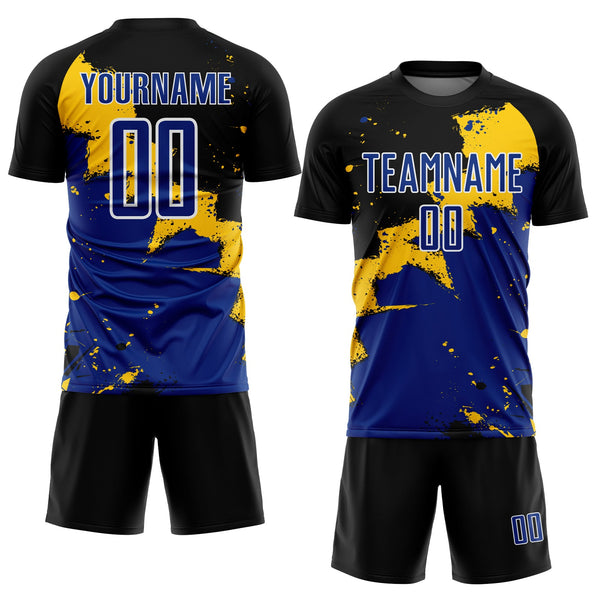 Custom Black Royal-Yellow Spalsh Sublimation Soccer Uniform Jersey alternate