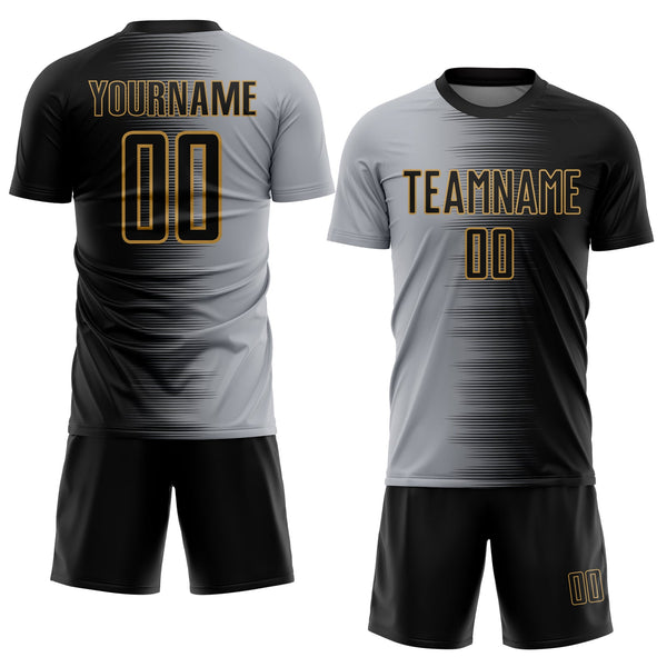 Custom Black Gray-Old Gold Gradient Line Sublimation Soccer Uniform Jersey alternate