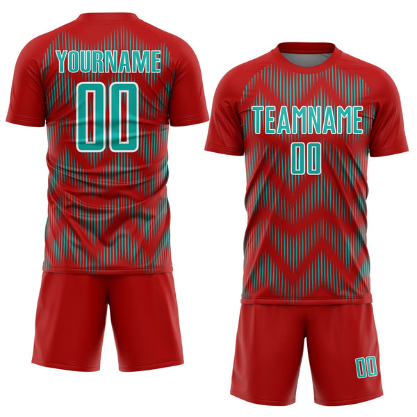 Custom Red Aqua-White Line Sublimation Soccer Uniform Jersey alternate