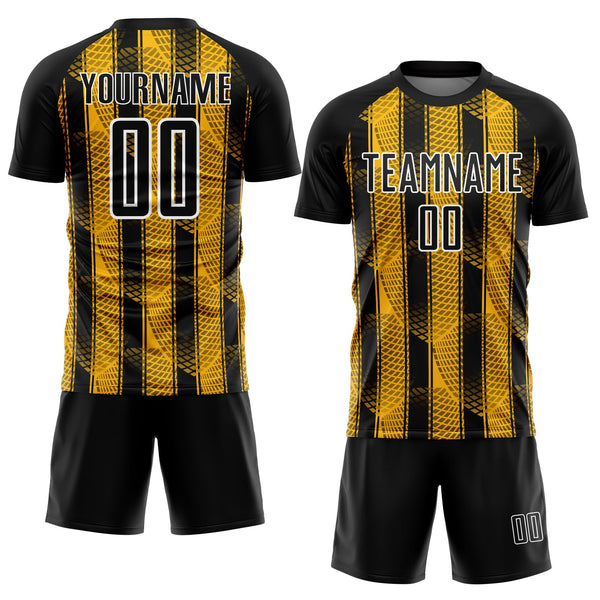 Custom Black Gold-White Abstract Network Sublimation Soccer Uniform Jersey alternate