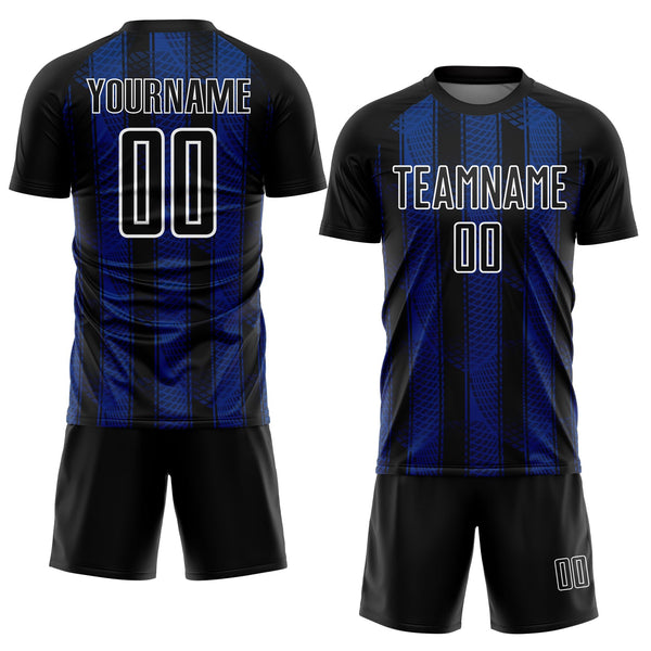 Custom Black Royal-White Abstract Network Sublimation Soccer Uniform Jersey alternate