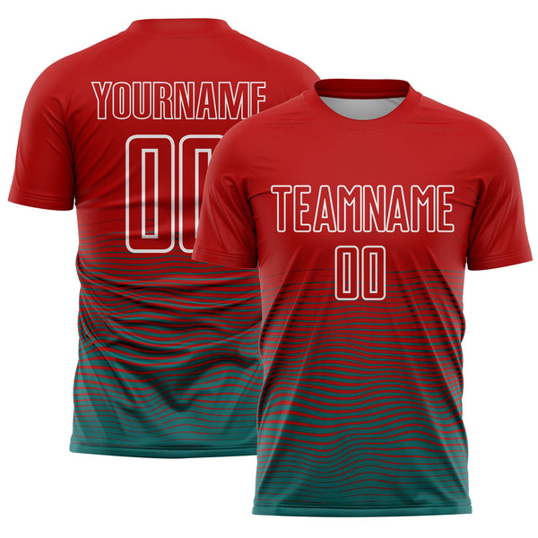 Custom Red Teal-White Gradient Line Sublimation Soccer Uniform Jersey