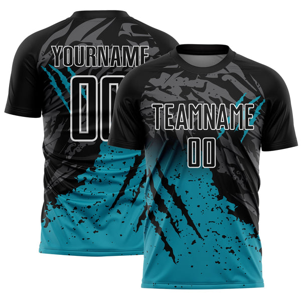 Custom Black Teal-White Gradient Scratch Splash Sublimation Soccer Uniform Jersey