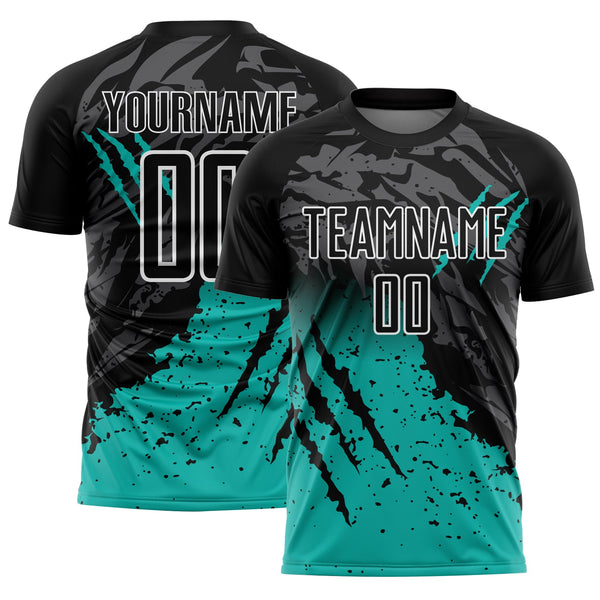 Custom Black Aqua-White Gradient Scratch Splash Sublimation Soccer Uniform Jersey