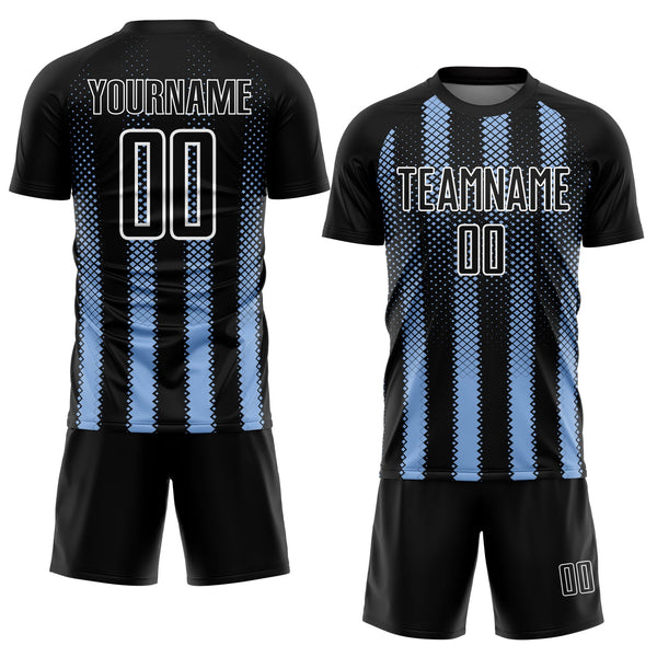 Custom Black Light Blue-White Geometric Shape Sublimation Soccer Uniform Jersey alternate