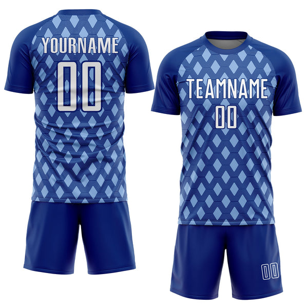 Custom Royal White-Light Blue Geometric Shape Sublimation Soccer Uniform Jersey alternate
