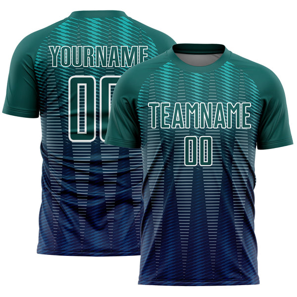 Custom Neon Green Navy-White Gradient Line Sublimation Soccer Uniform Jersey