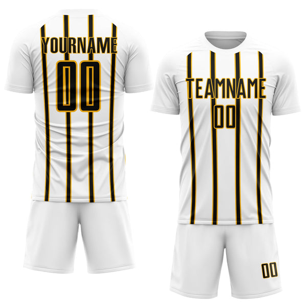 Custom White Black-Gold Stripe Line Sublimation Soccer Uniform Jersey alternate