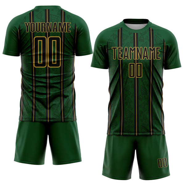 Custom Green Black-Old Gold Stripe Line Sublimation Soccer Uniform Jersey alternate