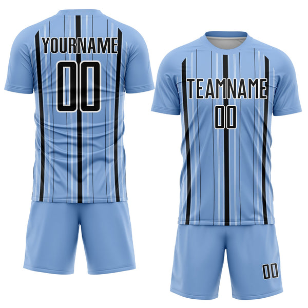 Custom Light Blue Black-White Stripe Sublimation Soccer Uniform Jersey alternate