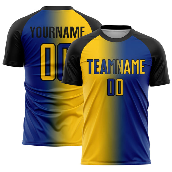 Custom Royal Yellow-Black Sublimation Gradient Fashion Soccer Uniform Jersey