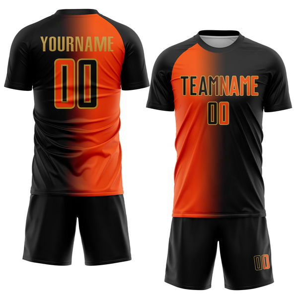 Custom Black Orange-Old Gold Sublimation Gradient Fashion Soccer Uniform Jersey alternate
