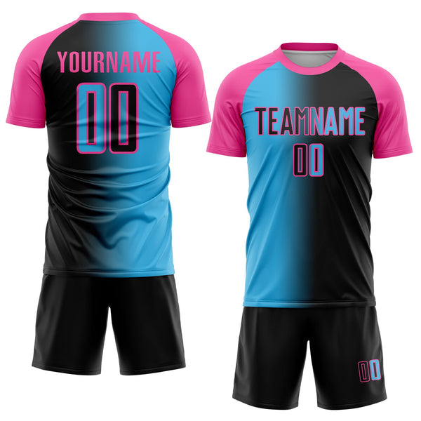 Custom Black Sky Blue-Pink Sublimation Gradient Fashion Soccer Uniform Jersey alternate
