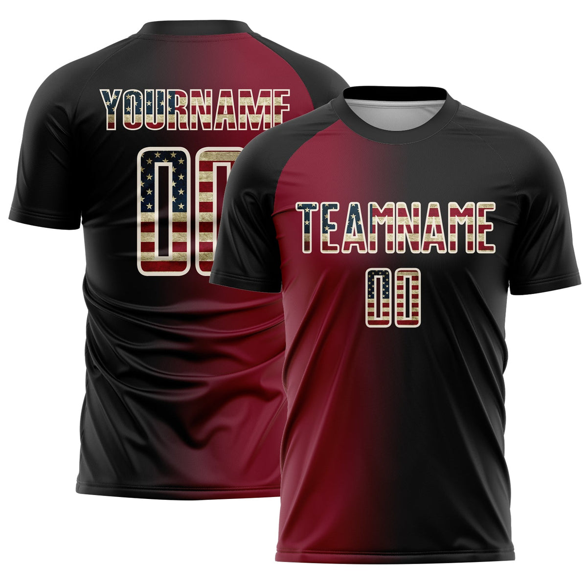 Custom Black Vintage USA Flag Crimson-Cream Sublimation Gradient Fashion Soccer Uniform Jersey