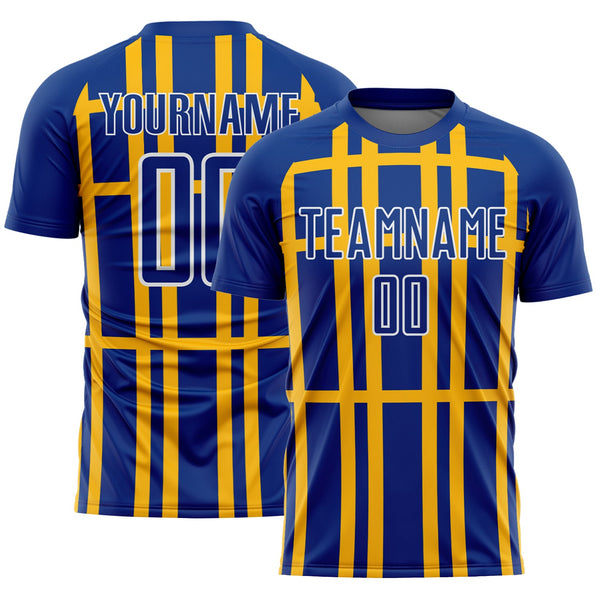 Custom Royal Gold-White Stripe Line Sublimation Soccer Uniform Jersey