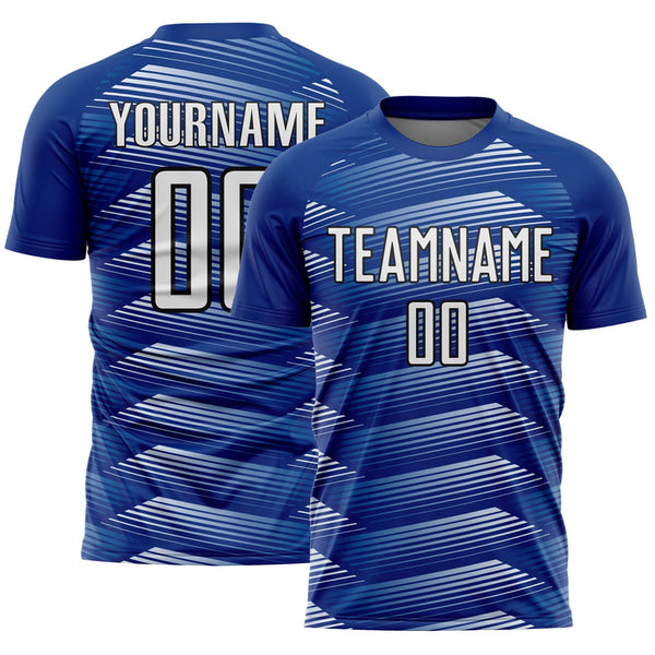 Custom Royal White-Black Stripe Line Sublimation Soccer Uniform Jersey