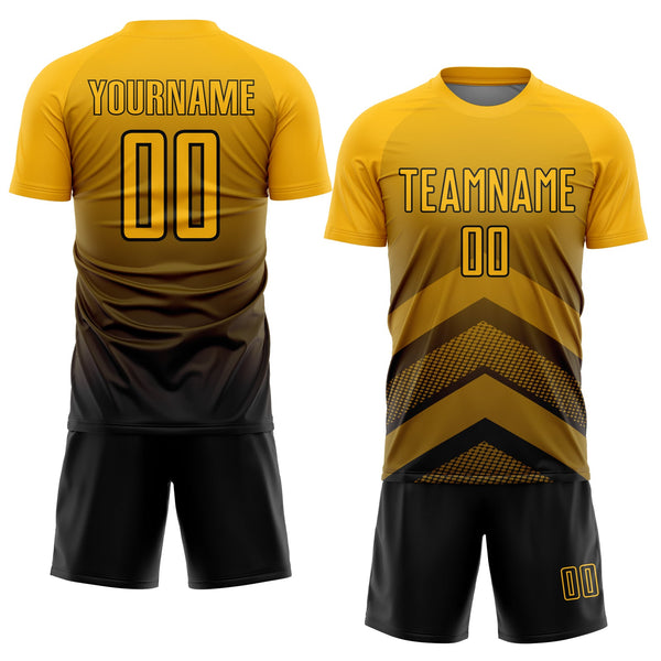 Custom Gold Black Gradient Arrow Geometric Shapes Sublimation Soccer Uniform Jersey alternate