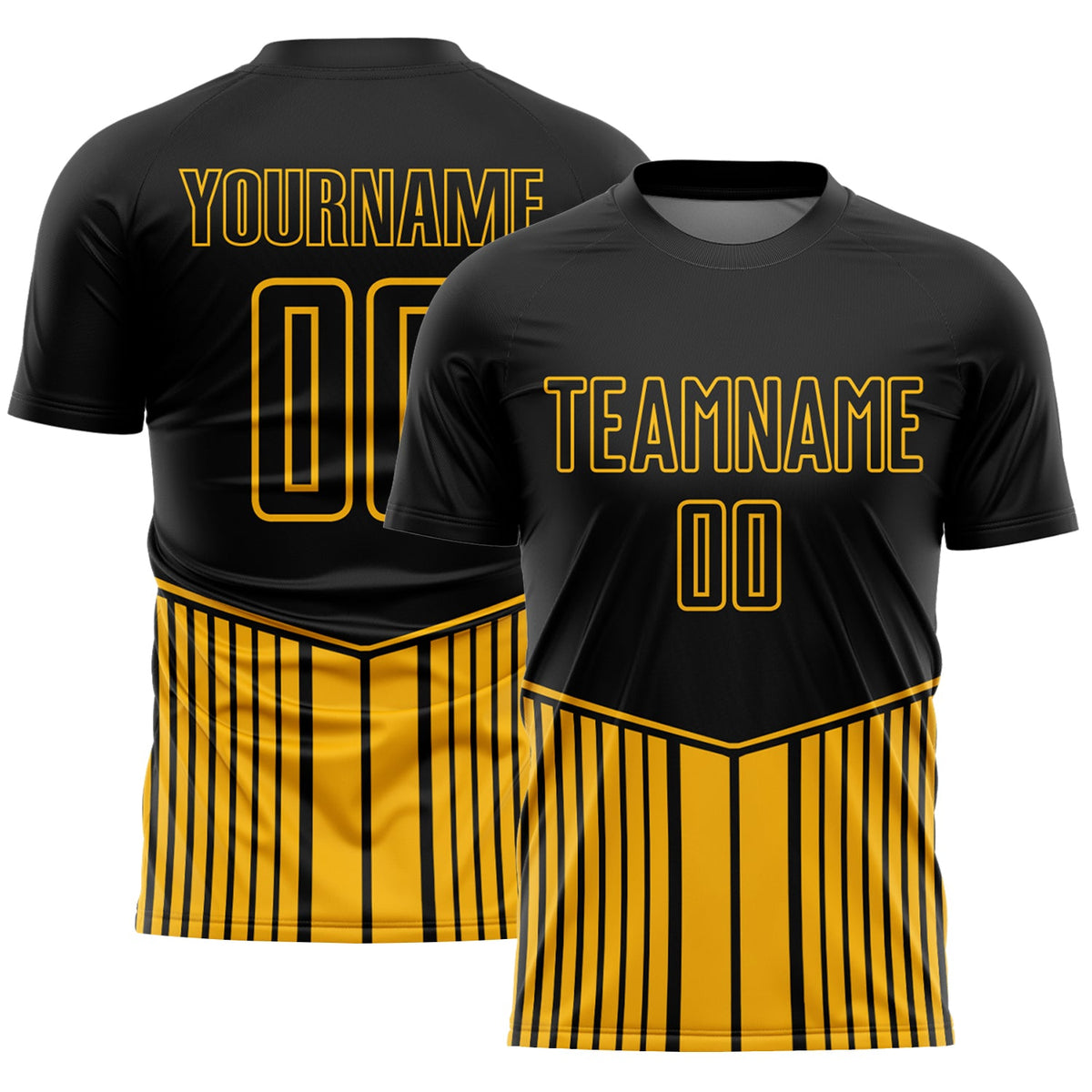 Custom Black Gold Stripe Line Sublimation Soccer Uniform Jersey