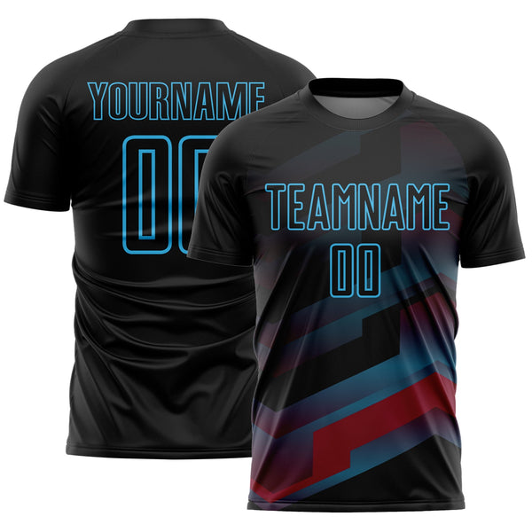 Custom Black Sky Blue Gradient Arrow Geometric Shapes Sublimation Soccer Uniform Jersey