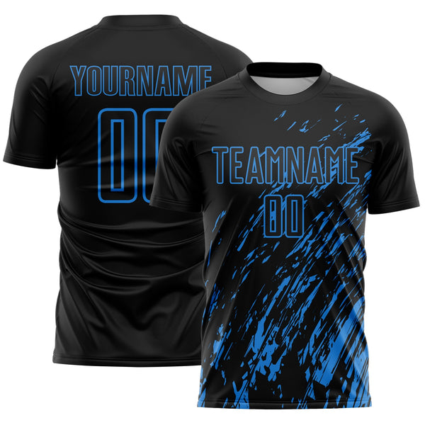 Custom Black Powder Blue Splash Sublimation Soccer Uniform Jersey