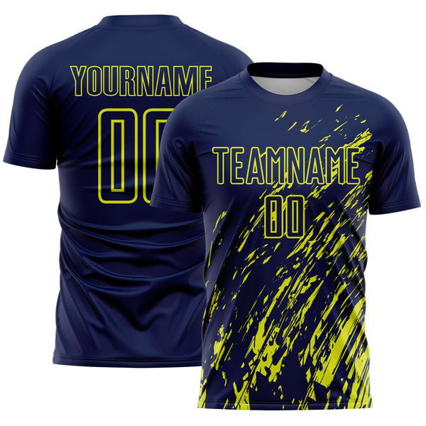 Custom Navy Neon Yellow Splash Sublimation Soccer Uniform Jersey