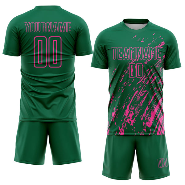 Custom Kelly Green Pink Splash Sublimation Soccer Uniform Jersey alternate