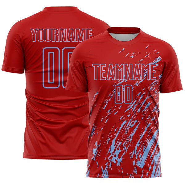 Custom Red Light Blue Splash Sublimation Soccer Uniform Jersey