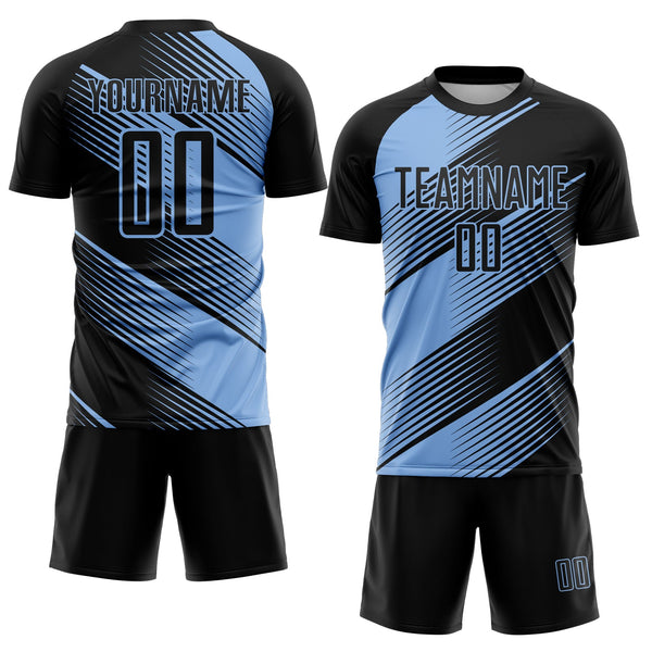 Custom Black Light Blue Line Sublimation Soccer Uniform Jersey alternate