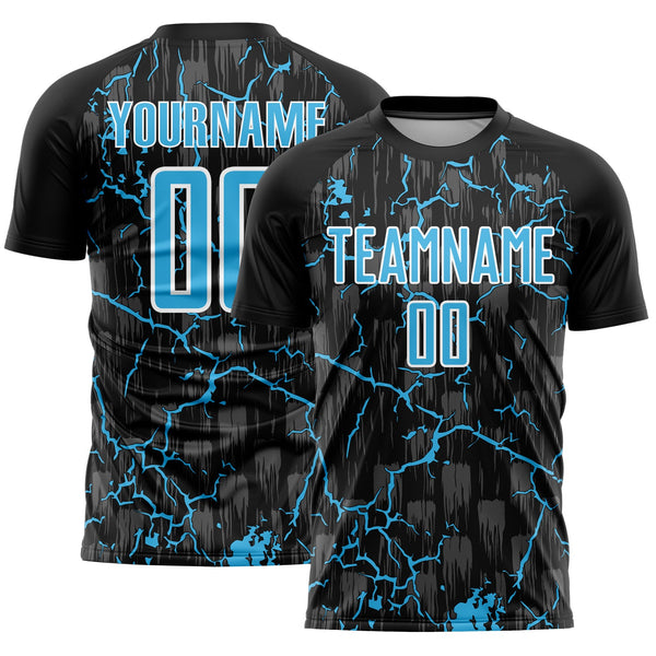 Custom Black Sky Blue-White Lightning Sublimation Soccer Uniform Jersey