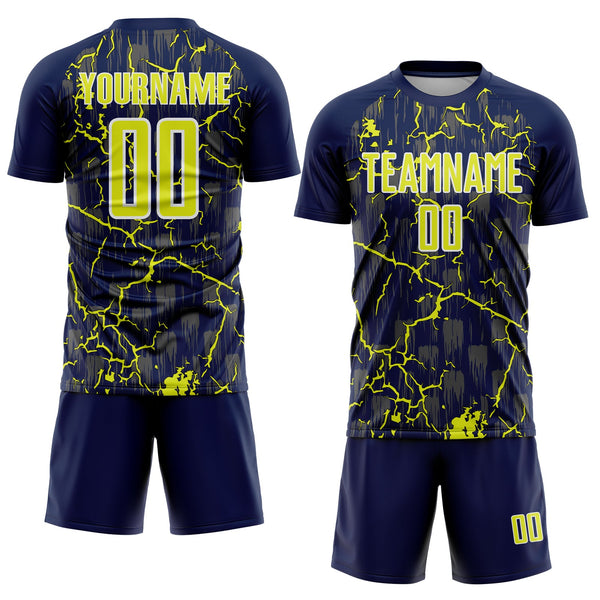 Custom Navy Neon Yellow-White Lightning Sublimation Soccer Uniform Jersey alternate
