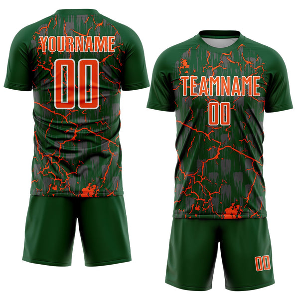 Custom Green Orange-White Lightning Sublimation Soccer Uniform Jersey alternate