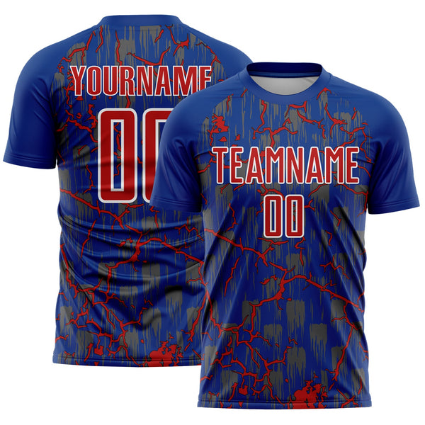 Custom Royal Red-White Lightning Sublimation Soccer Uniform Jersey