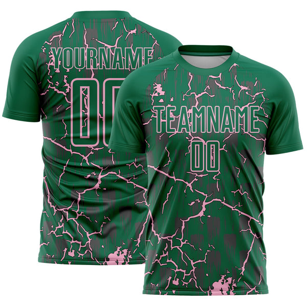 Custom Kelly Green Light Pink Lightning Sublimation Soccer Uniform Jersey