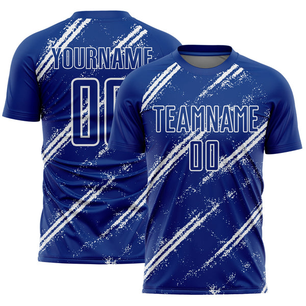 Custom Royal White Abstract Fragment Art Splash Sublimation Soccer Uniform Jersey