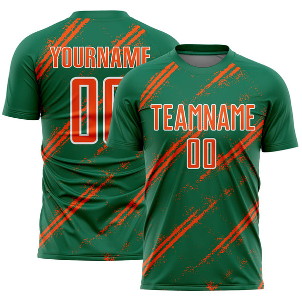 Custom Kelly Green Orange-White Abstract Fragment Art Splash Sublimation Soccer Uniform Jersey
