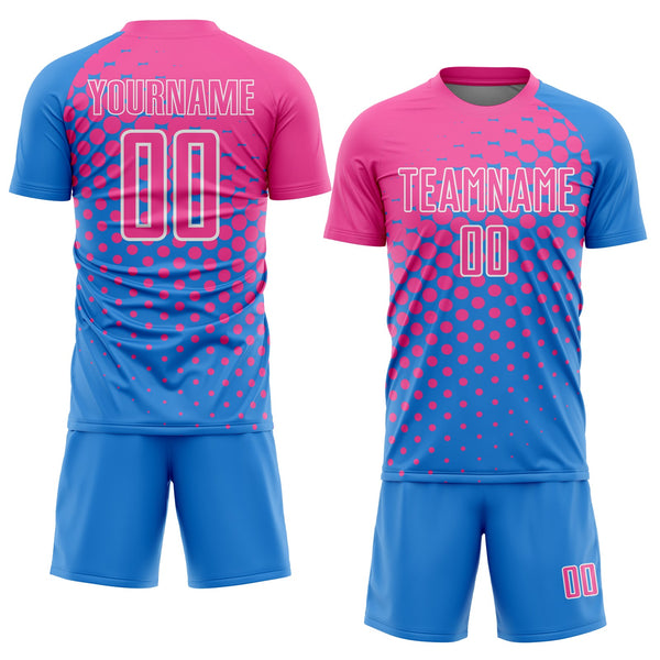 Custom Powder Blue Pink-White Modern Polka Dot Sublimation Soccer Uniform Jersey alternate