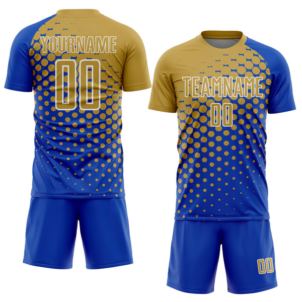 Custom Thunder Blue Old Gold-White Modern Polka Dot Sublimation Soccer Uniform Jersey alternate