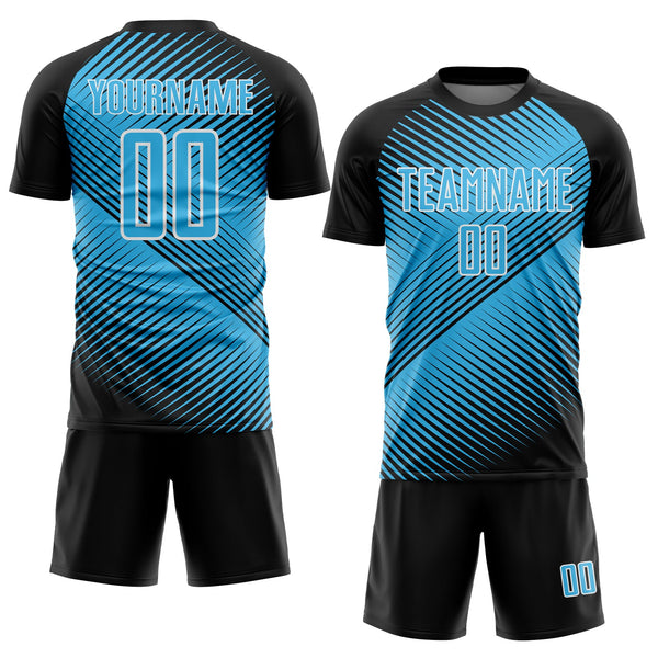 Custom Black Sky Blue-White Line Sublimation Soccer Uniform Jersey alternate