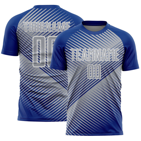 Custom Royal Gray-White Line Sublimation Soccer Uniform Jersey
