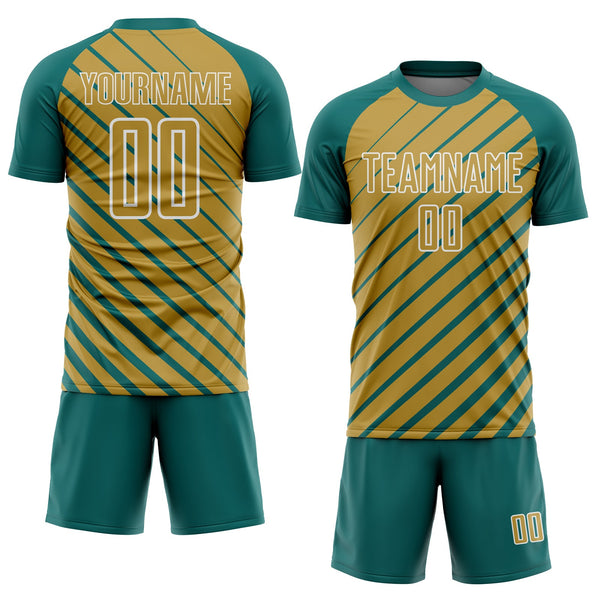 Custom Teal Old Gold-White Lines Sublimation Soccer Uniform Jersey alternate