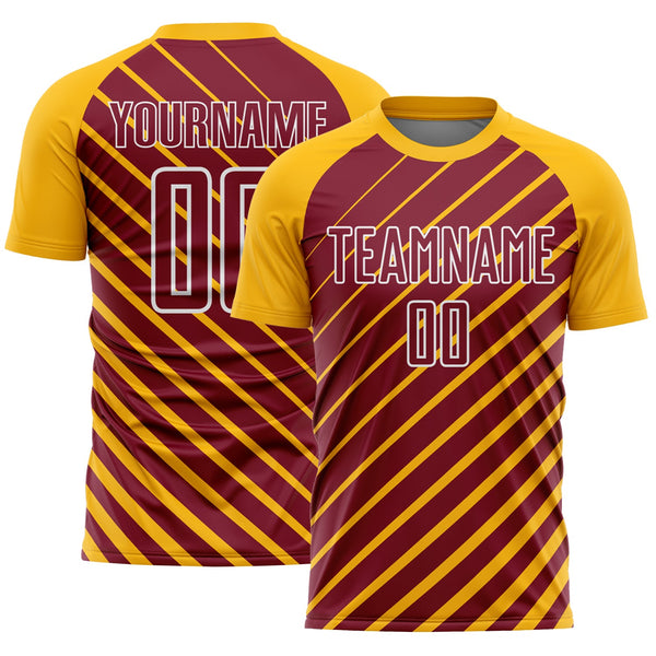 Custom Gold Crimson-White Lines Sublimation Soccer Uniform Jersey