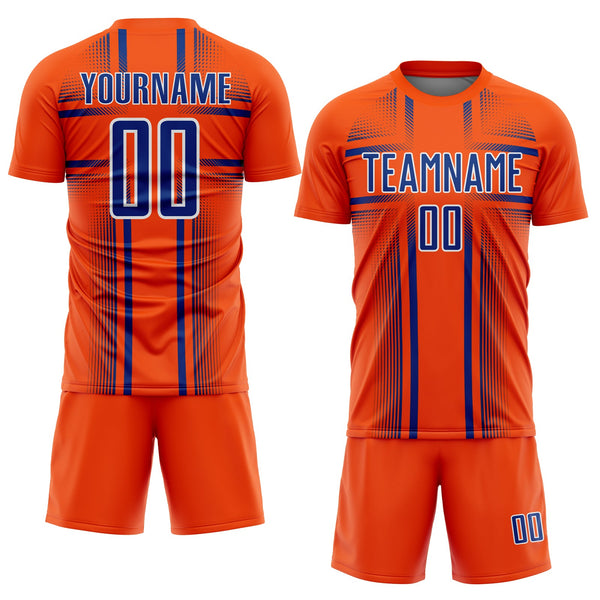 Custom Orange Royal-White Lines Sublimation Soccer Uniform Jersey alternate