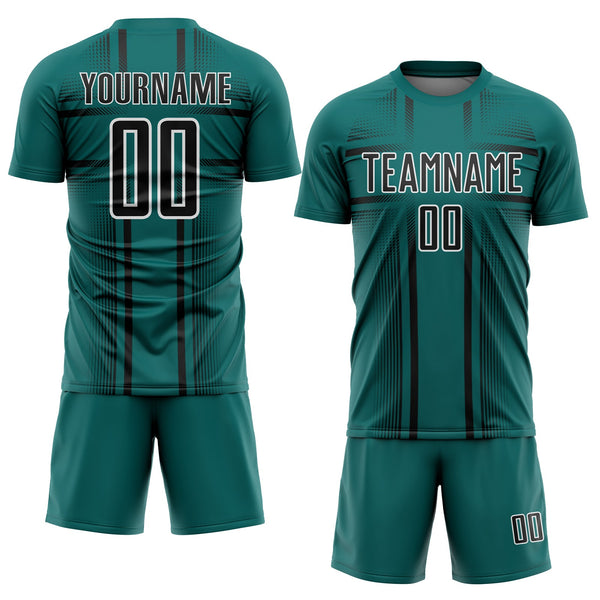 Custom Teal Black-White Lines Sublimation Soccer Uniform Jersey alternate