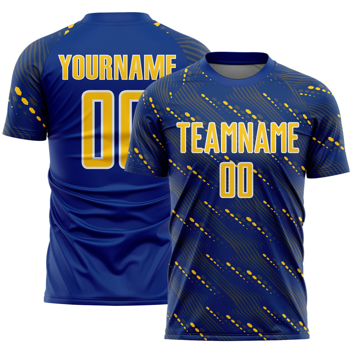 Custom Royal Yellow-White Slant Lines Sports Sublimation Soccer Uniform Jersey