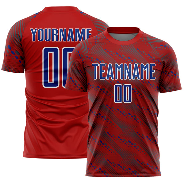 Custom Red Royal-White Slant Lines Sports Sublimation Soccer Uniform Jersey