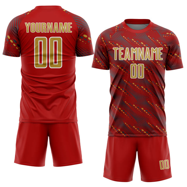 Custom Red Old Gold-White Slant Lines Sports Sublimation Soccer Uniform Jersey alternate