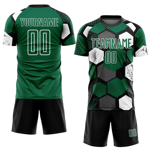 Custom Black Kelly Green-White Geometric Shape Sublimation Soccer Uniform Jersey alternate