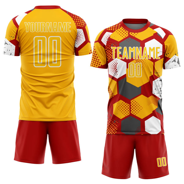 Custom Red Gold-White Geometric Shape Sublimation Soccer Uniform Jersey alternate
