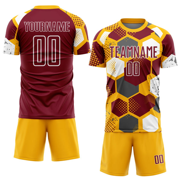 Custom Gold Crimson-White Geometric Shape Sublimation Soccer Uniform Jersey alternate
